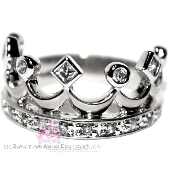 Cubic Zirconia Royalty Princess Clear CZ Royal 925 Sterling Silver Crown Ring 7 - Picture 1 of 3